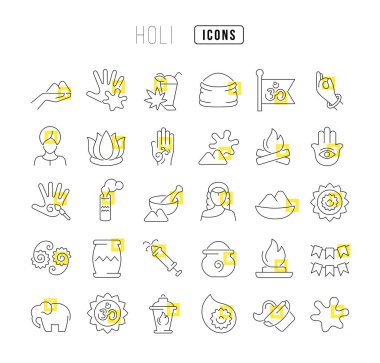 Seyyar kavramlar ve web uygulamaları için doğrusal tasarım için Holi 'nin vektör çizgisi ince simgelerini ayarlayın. Koleksiyon modern infografik resim ve işaretler.