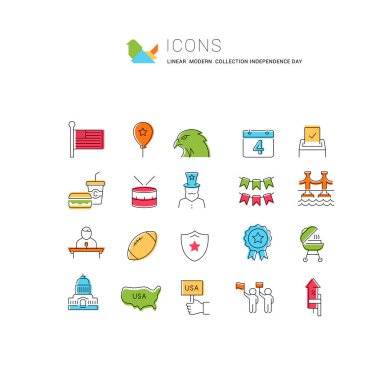 Modern kavramlar, web ve uygulamalar için bağımsızlık gününün vektör çizgisi simgeleri kümesi.