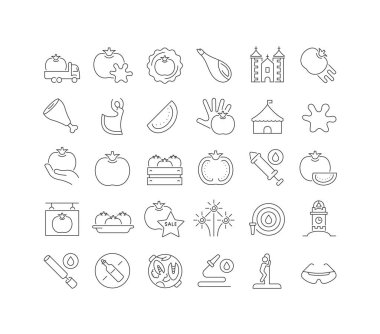 Mobil kavramlar ve web uygulamaları için doğrusal tasarım için la tomatina 'nın ince vektör çizgisi simgelerini ayarlayın. Koleksiyon modern infografik resim ve işaretler.
