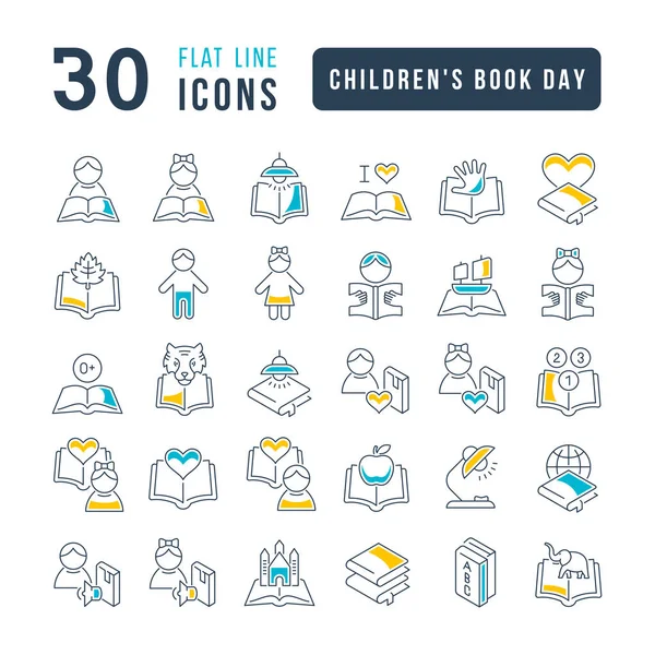 Установите Векторные Линии Тонких Иконок Детского Книжного Дня Линейном Дизайне — стоковый вектор