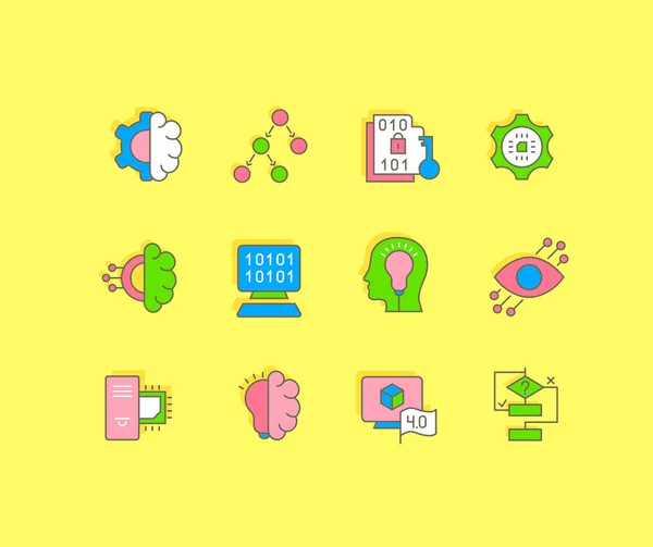 Colección Iconos Simples Informática Sobre Fondo Amarillo Signos Color Modernos — Vector de stock