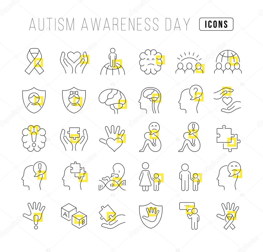 Set vector line thin icons of autism awareness day in linear design for mobile concepts and web apps. Collection modern infographic pictogram and signs.
