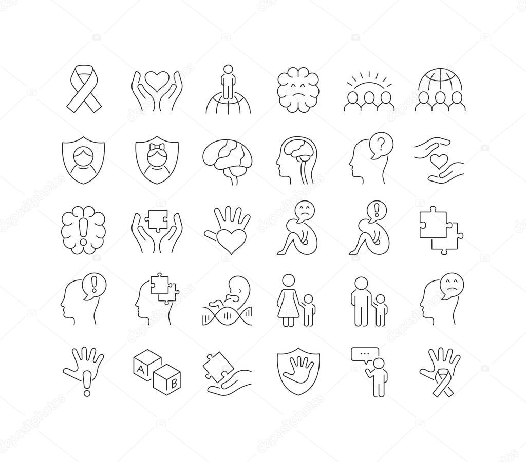 Set vector line thin icons of autism awareness day in linear design for mobile concepts and web apps. Collection modern infographic pictogram and signs.