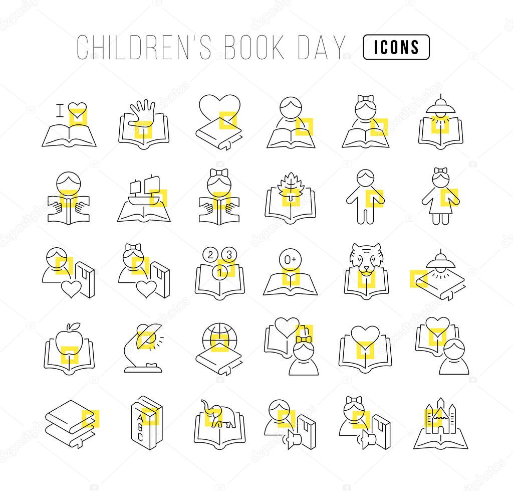 Set vector line thin icons of childrens book day in linear design for mobile concepts and web apps. Collection modern infographic pictogram and signs.