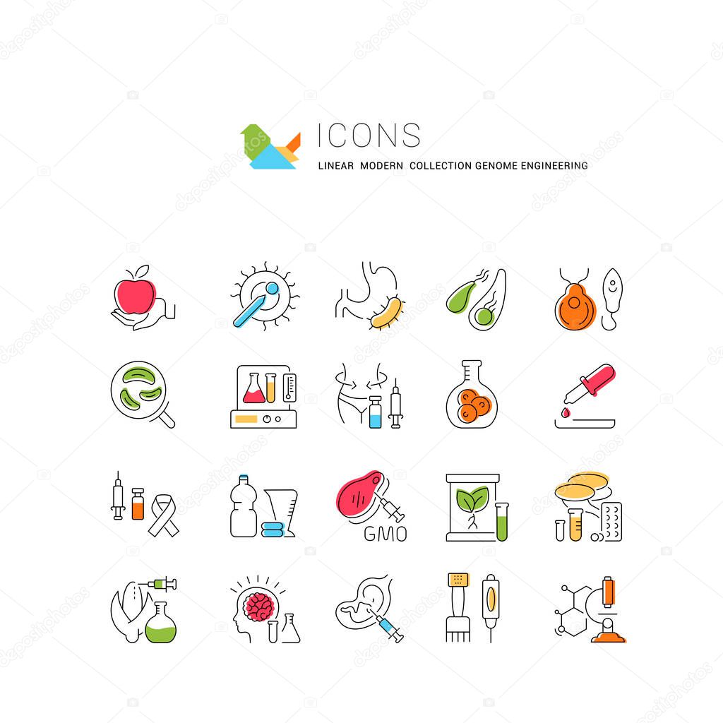 Set of vector line icons, sign and symbols of genome engineering for modern concepts, web and apps. Collection of infographics elements, logos and pictograms.