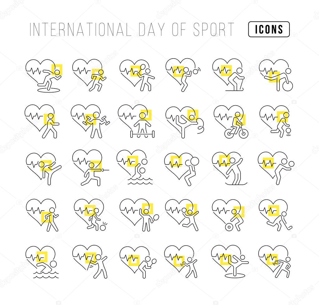 Set vector line thin icons of international day of sport in linear design for mobile concepts and web apps. Collection modern infographic pictogram and signs.