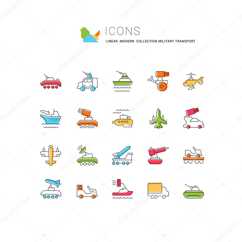 Set of vector line icons, sign and symbols of military transport for modern concepts, web and apps. Collection of infographics elements, logos and pictograms.