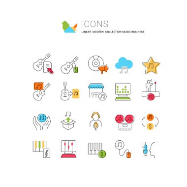 Modern kavramlar, web ve uygulamalar için müzik sektörünün vektör çizgisi simgeleri. 