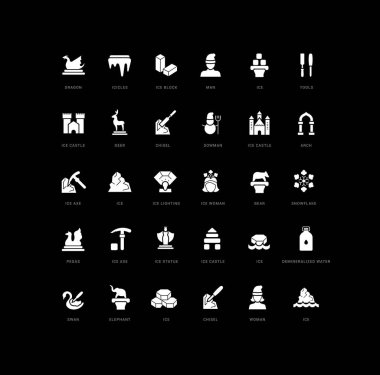 Mobil kavramlar, web ve uygulamalar için basit tasarım içinde, kar heykeli festivalinin siyah ve beyaz vektör simgelerinin toplanması. Modern logoları ve piktogramları ayarla.