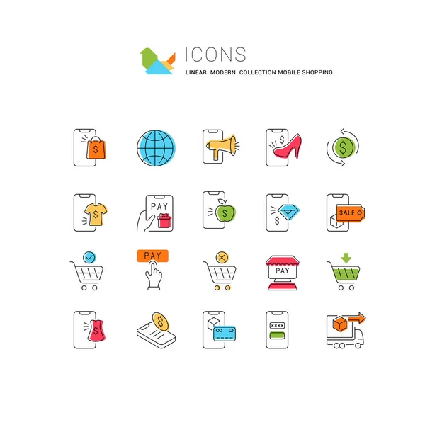 Conjunto Iconos Línea Vectorial Compras Móviles Para Conceptos Modernos Web — Archivo Imágenes Vectoriales