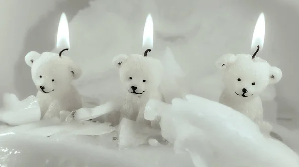 Three small polar bears in lights and ice blocks symbolize global warming going too fast in the North Pole.