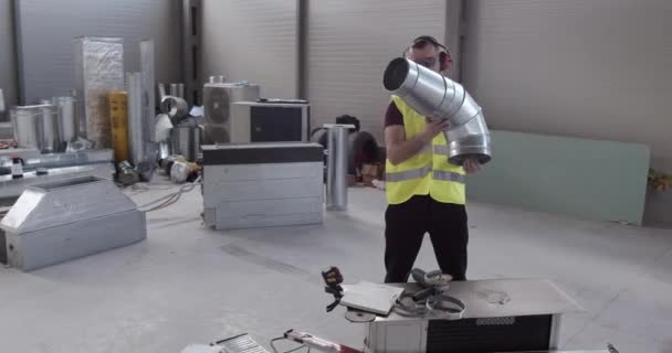 Construction Worker Checks Metal Bar Has Install — Stock Video