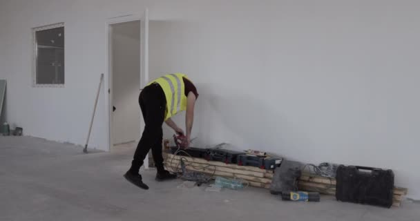 Construction Worker While Walking Job Site Looking Something — Stock Video