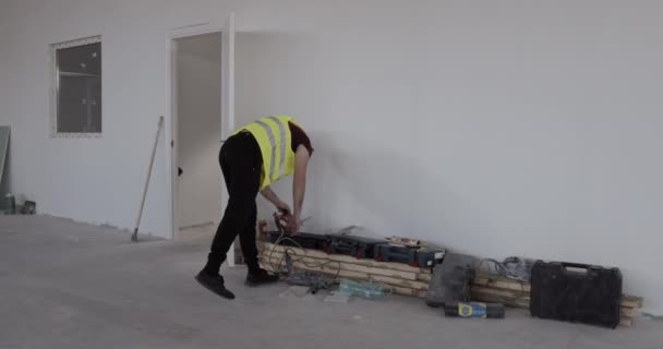 Construction Worker While Walking Job Site Looking Something — Stock Video