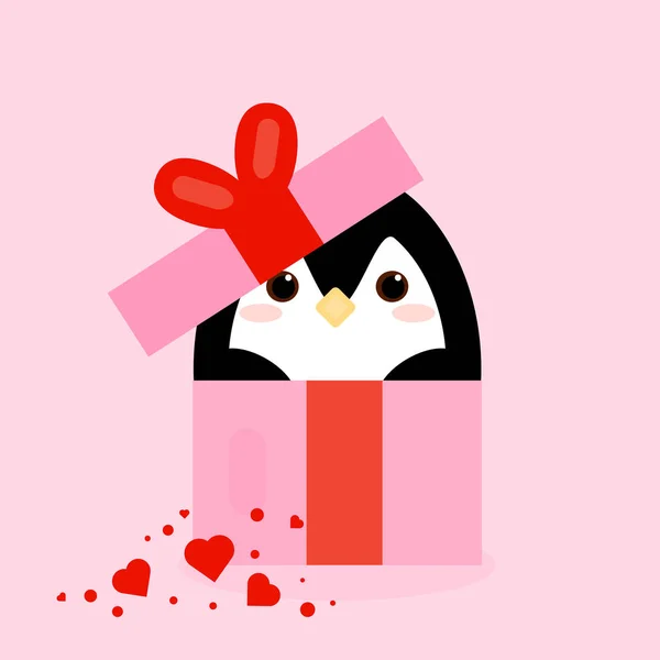 Penguin Gift Box Hearts Pink Background Cute Cartoon Illustration — 스톡 사진