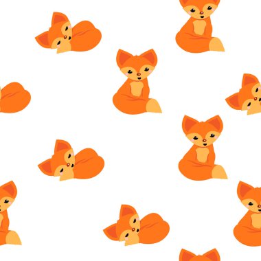 Bu tilkinin kusursuz desenli dokusu. Beyaz arkaplanda şirin bir karikatür duvar kağıdı.