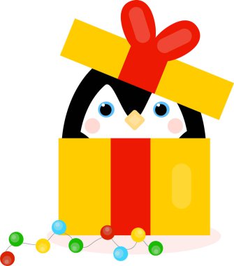 Hediye kutusunda küçük sevimli bir penguenin komik çizimi.