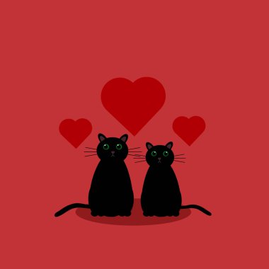 Kırmızı arka planda kalp sembolü olan sevimli bir kedi.