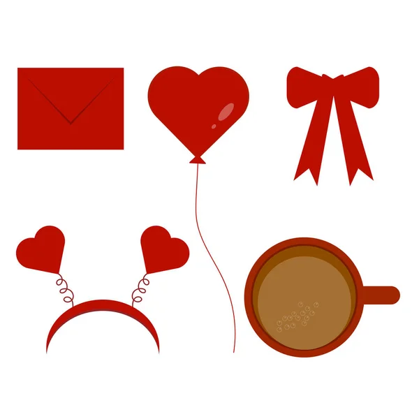 Zestaw Walentynek Czerwonymi Sercami Miłość Serce Prezent Koperta Łuk Kawa — Zdjęcie stockowe