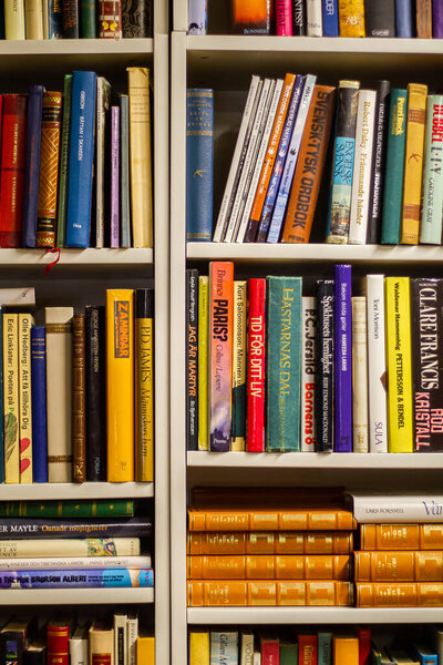 A lot of different books in the bookcase or in the library