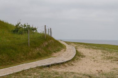 Gri bir günde boş, sakin, kumlu bir sahil.