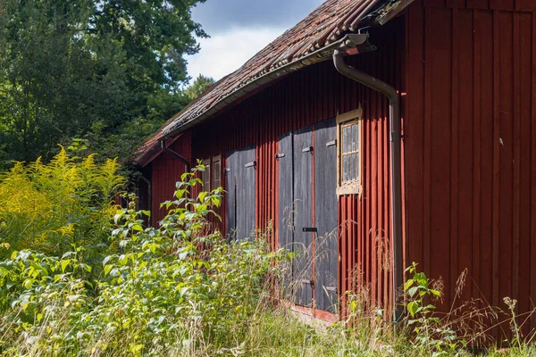 Velho Tradicional Verão Sueco Vermelho Madeira Coberto Com Grama — Fotografia de Stock