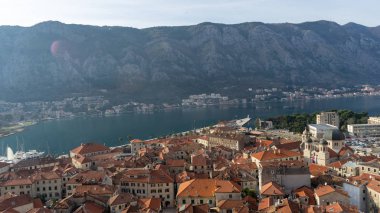 aerial view of the old tiled roofs of houses. Kotor city in Montenegro.