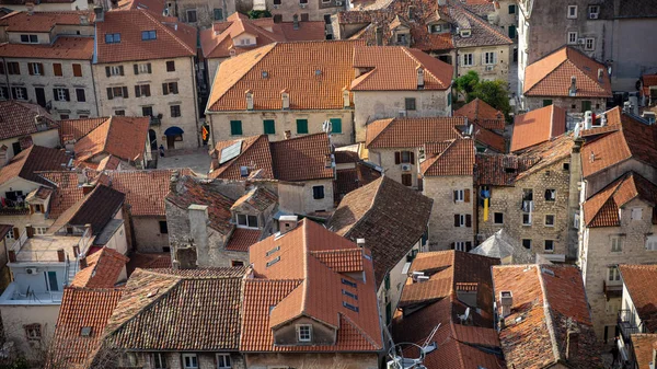 aerial view of the old tiled roofs of houses. Kotor city in Montenegro.