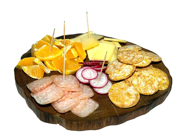 Wooden Tray Various Snacks — Stock Photo, Image