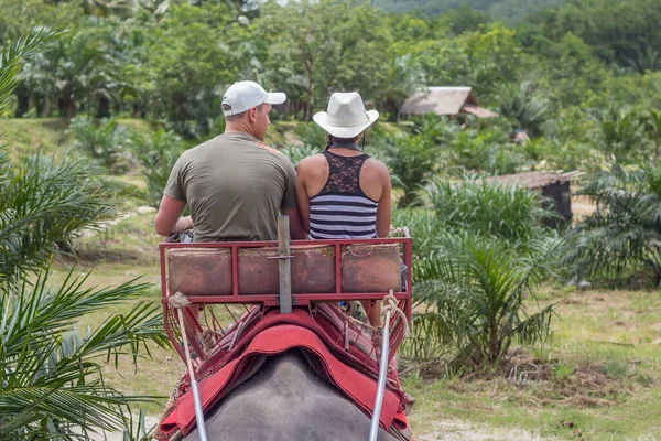 Deux touristes à monter sur l'éléphant dans la forêt, nord de la Thaïlande — Photo