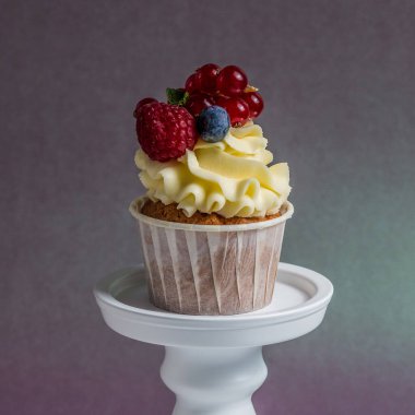 Bisküvi, tatlı ahududu, çilek ve yabanmersinli kek..