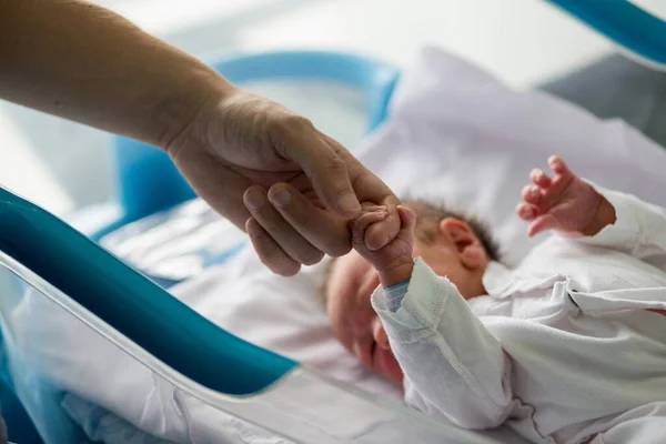 Прекрасный новорожденный мальчик, лежит в кроватке в пренатальной больнице — стоковое фото