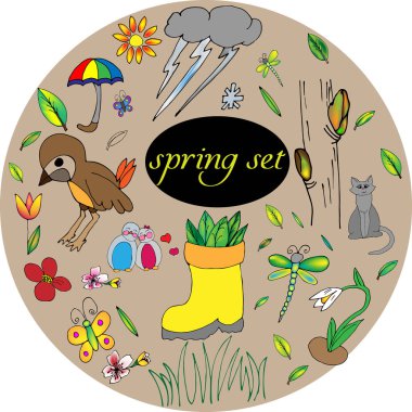 El çizimi şirin bahar seti, kedi, güneş, çimen, kiraz çiçeği, ağaçta tomurcuklar, yapraklar, lastik bot, kelebek, yusufçuk, karahindiba, serçe, kuş, aşık. Stok vektör illüstrasyonu 