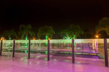 Arka planda palmiye yapraklı bir havuz var ve kütüklerinde sarmal yeşil ışıklar var..