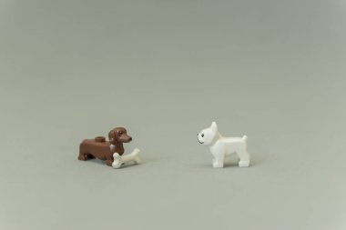 a pug puppy looking at a dachshund with a bone