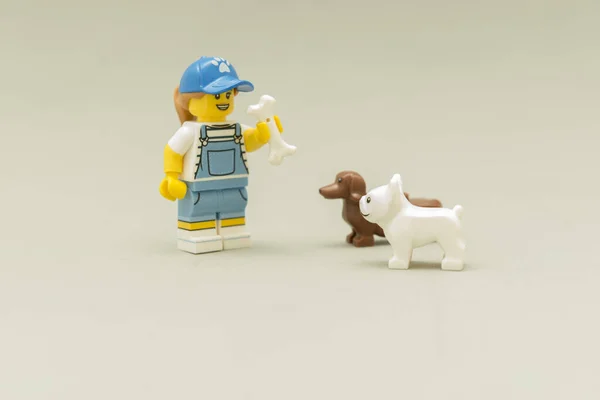 Stehende Dompteurin lehrt ihre Hunde mit einem Knochen in der Hand — Stockfoto