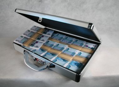 Beyaz arka plan üzerinde para dolu bir çantayla