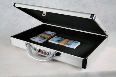 Beyaz arka plan üzerinde para dolu bir çantayla