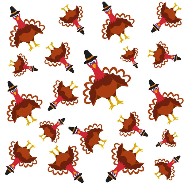 Cute colorful cartoon pattern of turkey bird for Happy Thanksgiving celebration, can be use as background.Vector turkey pattern isolated on a white background.Elegant vector illustration.