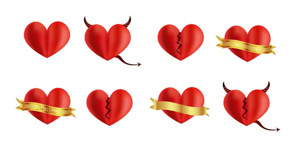 Illustration.Set of red realistic hearts.Cute color hearts.Red Valentine day collection.Heart with a gold ribbon, a broken heart, a heart with a devil.Illustration isolated on white.