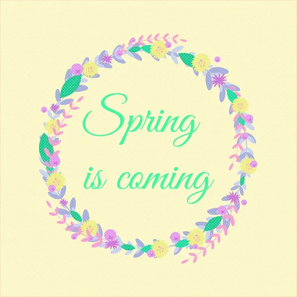 Wort Frühling Mit Blumenkranz Zweige Blätter Berries Aufkleber Poster Card — Stockvektor
