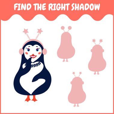 Doğru gölgeyi bul. Anaokulu çocukları için eğitici bir oyun. Kulaklıklı penguen kadın ayakta duruyor ve gülümsüyor. Sevimli düz çizgi film çizimi.