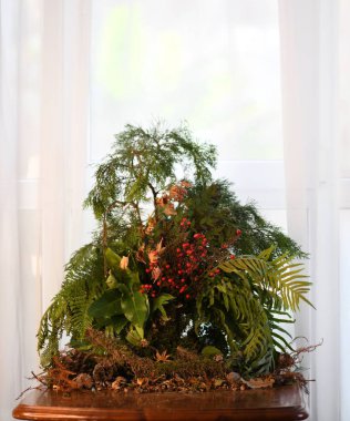 Orjinal kozalaklı buket pencere kenarındaki bir masanın üzerinde eğreltiotu, kırmızı böğürtlen ve yapraklı kozalaklı kozalaklar var.