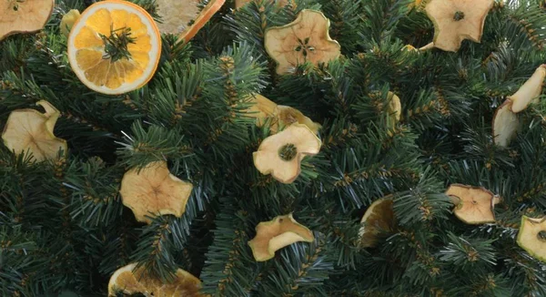 クリスマス 快適さ インテリア ギフト 食べ物 ドライフルーツ リンゴ オレンジ 柑橘類 バナナ — ストック写真