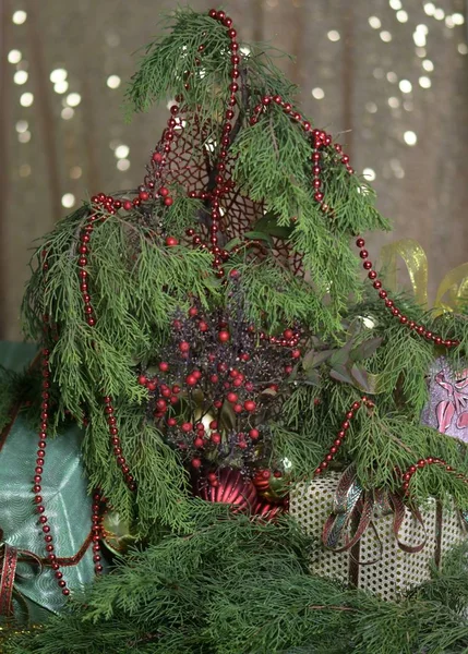 Újév Karácsony Boróka Tűk Ünnep Csokor Csendélet Kényelem Belső Dekoráció — Stock Fotó