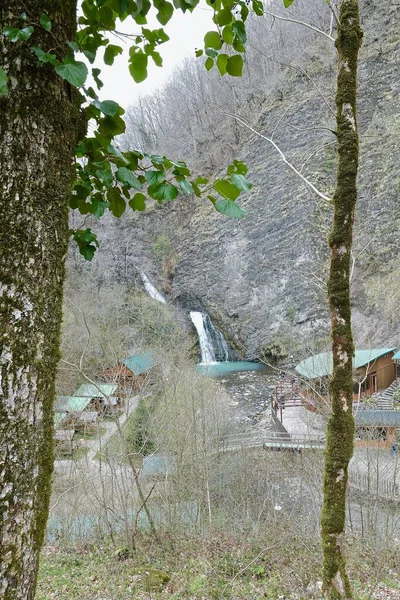 Cachoeira Primavera Desfiladeiro Cercado Por Folhagem Jovem — Fotografia de Stock