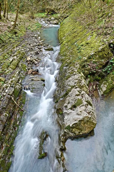 Mountain River Small Bridge Spring Gorge — Stock Photo, Image