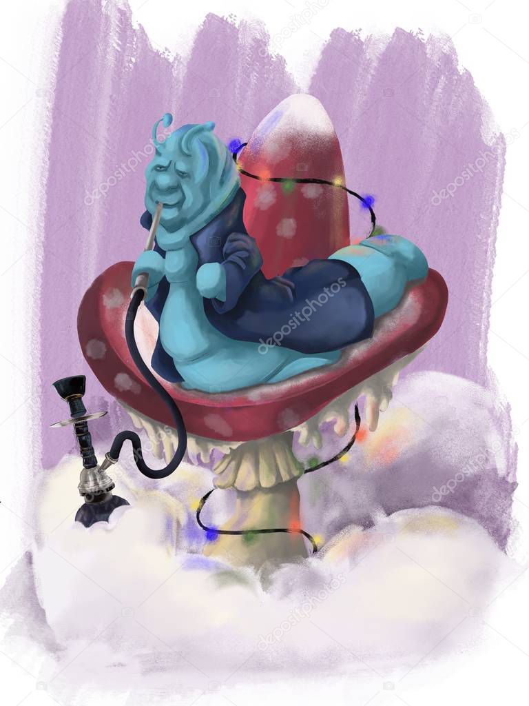 Blue caterpillar from Alice in a Wonderland in a suit with hookah and big mushroom on purple background 