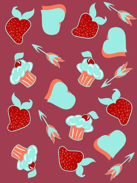 Padrão Dia Dos Namorados Com Corações Cupcake Morango Padrão Seta — Fotografia de Stock