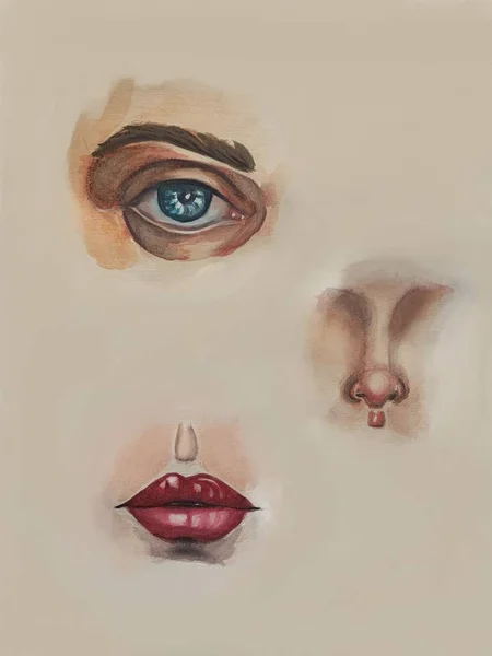 Watercolor eye, nose and lips